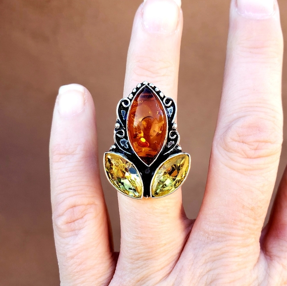 New Amber & Citrine 925 Silver Ring. - Picture 5 of 10
